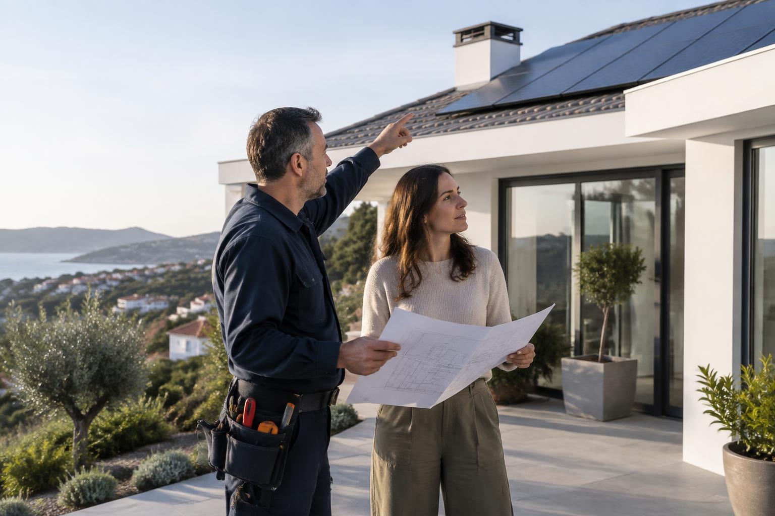 Técnico a estudar a casa e a utilização com a proprietária