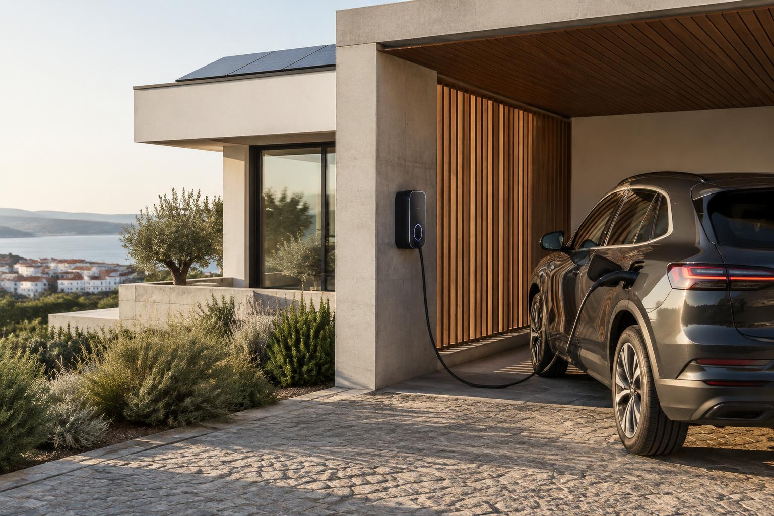 Carro elétrico a carregar numa casa com painéis fotovoltaicos