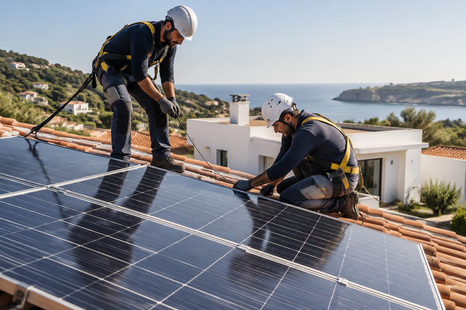 Técnicos a instalar painéis fotovoltaicos numa cobertura